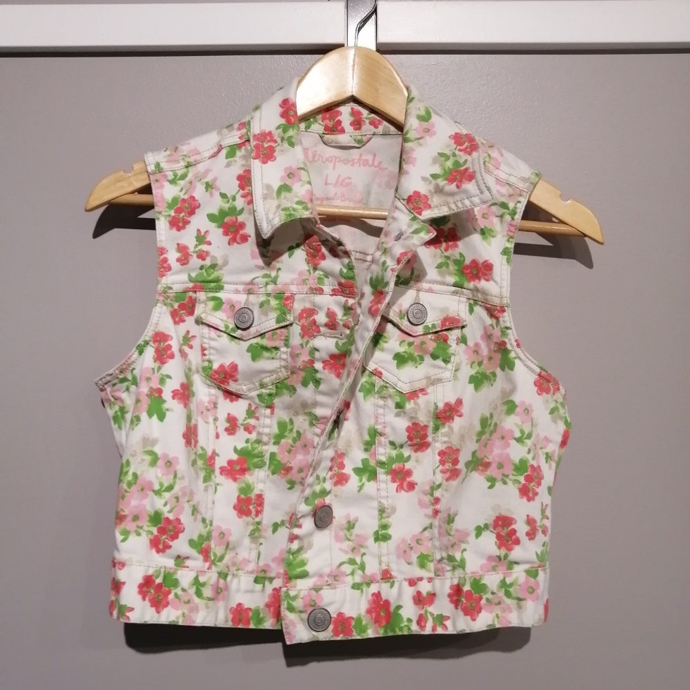 Aeropostale Vintage Style Floral Jean Vest